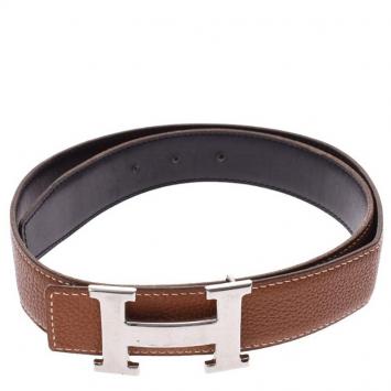 Pre Owned Hermes Brown/Black Leather H Silver Hardware Reversible Belt 80cm
