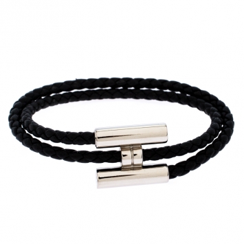 Pre Owned Hermès Tournis Tresse Black Leather Palladium Plated Bracelet