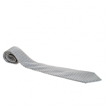 Pre Owned Hermès Pale Grey Chain Link Print Silk Twill Tie