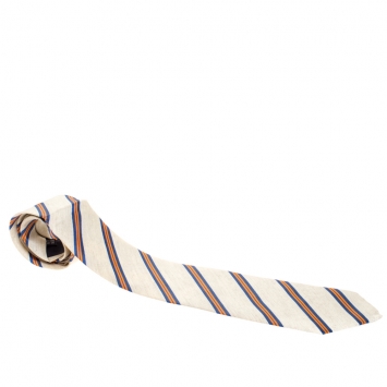 Pre Owned Hermès Cream Diagonal Striped Silk and Linen Tie