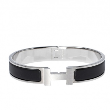 Pre Owned Hermes Clic HH Noir Matte Enamel Palladium Plated Bracelet