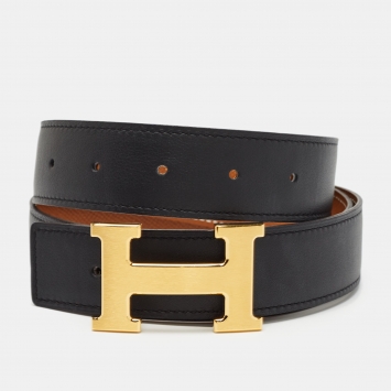 Pre Owned Hermes Noir/Gold Swift and Epsom Leather H Buckle Reversible Belt 85 CM