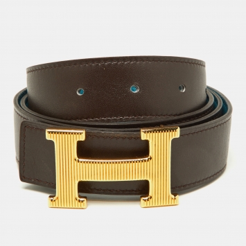 Pre Owned Hermes Izmir/Chocolat Togo and Chamonix Leather H Striee Buckle Reversible Belt 100 CM