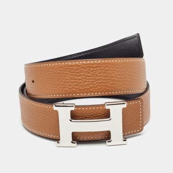 Pre Owned Hermès Gold/Noir Togo and Chamonix Leather H Buckle Reversible Belt 90 CM