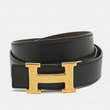 Pre Owned Hermes Black Epsom and Swift Leather H Buckle Belt 95CM