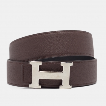 Pre Owned Hermes Noir/Chocolat Swift and Togo Leather H Brushed Buckle Reversible Belt 100 CM
