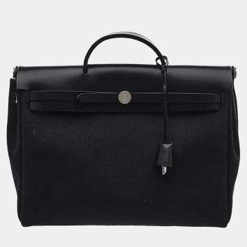 Pre Owned Hermes Herbag Messenger 39 Noir Militaire Canvas Hunter Cowhide Leather Crossbody Bag