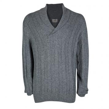 Pre Owned Hermes Grey Cashmere Chunky Knit Shawl Collar Detail Sweater 3XL