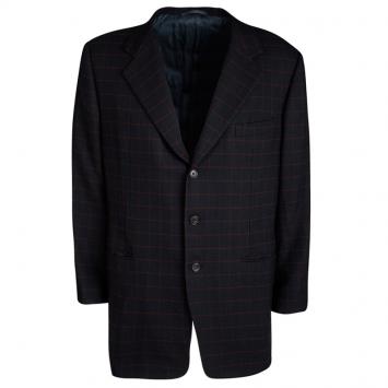 Pre Owned Hermes Navy Blue Wool Cashmere Checked Blazer XXL