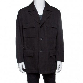 Pre Owned Hermes Commande Particuliere Grey Wool Gabardine Button Front Coat XL