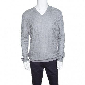 Pre Owned Hermes Grey H Pattern Silk Jacquard Knit V Neck Pullover XL 