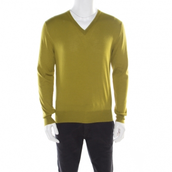 Pre Owned Hermes Lime Green Cashmere Silk Long Sleeve V Neck Sweater L