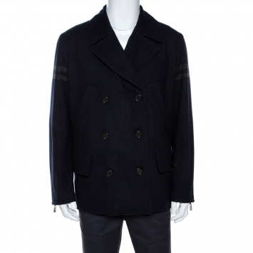 Pre Owned Hermes Navy Blue Wool Reversible Double Breasted Coat L