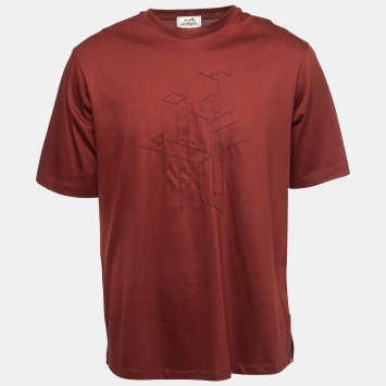 Pre Owned Hermès Brown Jersey 3D H Embroidered T-Shirt L