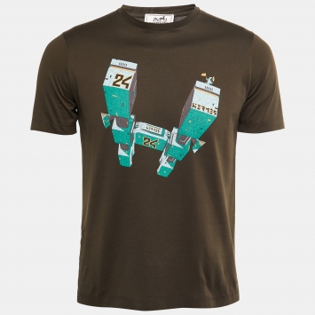 Pre Owned Hermès Green Graphic printed Cotton Knit Crewneck T-Shirt XS