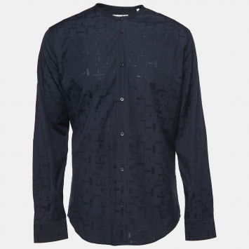 Pre Owned Hermes Navy Blue Patterned Cotton Round Neck Shirt L