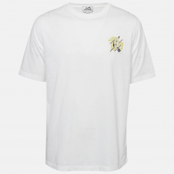 Pre Owned Hermes White Leather Applique Cotton Knit Crew Neck T-Shirt L