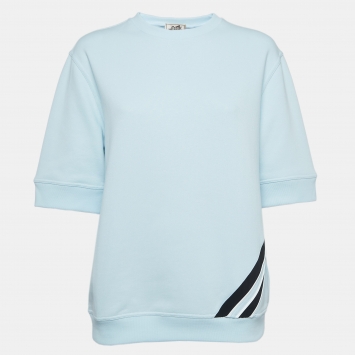 Pre Owned Hermes Light Blue Cotton Knit Half Sleeves Crew Neck Sweatshirt M