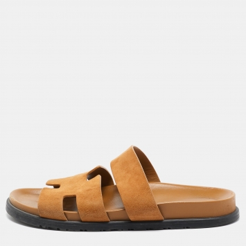 Pre Owned Hermes Brown Suede Chypre Slides Size 42