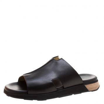 Pre Owned Hermes Black Leather Pharaon Flat Sandals Size 43