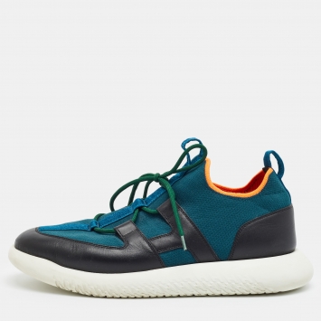 Pre Owned Hermes Duel Size 43 Two Tone Knit Fabric and Leather Low Top Sneakers