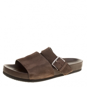 Pre Owned Hermes Brown Suede Flat Slide Sandals Size 42