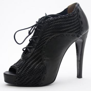 Pre Owned Hermes Black Woven Lace Up Peep Toe Booties Size 37