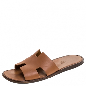 Pre Owned Hermes Brown Leather Izmir Flat Slides Size 42.5