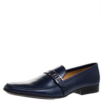 Pre Owned Hermes Marine Blue Leather Dan Loafers Size 43.5