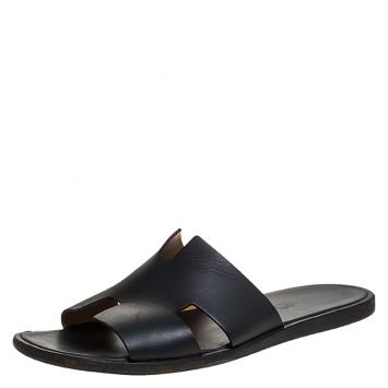 Pre Owned Hermes Black Leather Izmir Flat Slides Size 43