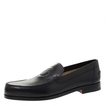 Pre Owned Hermes Black Logo Embossed Leather Slip On Loafers Size 41.5