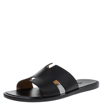 Pre Owned Hermes Black Leather Izmir Slide Sandals Size 45