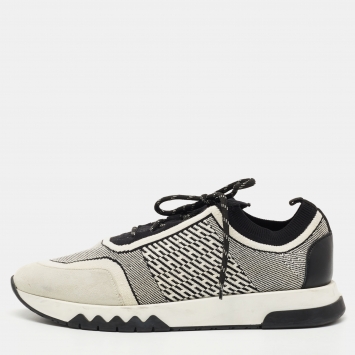 Pre Owned Hermes White/Black Knit Fabric and Suede C-Addict Sneakers Size 42