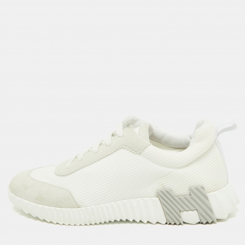 Pre Owned Hermes White/Grey Suede and Mesh Bouncing Sneakers Size 41