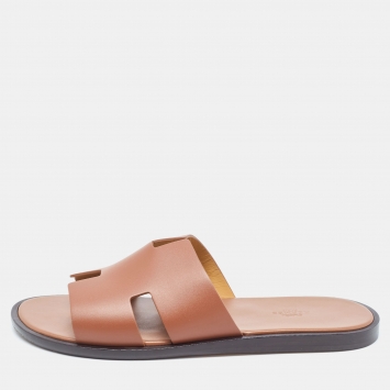 Pre Owned Hermes Brown Leather Izmir Flat Slides Size 43