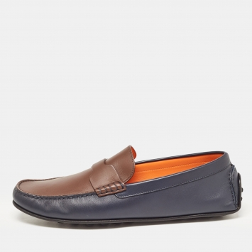 Pre Owned Hermes Blue/Brown Leather Oscar Slip On Loafers Size 43