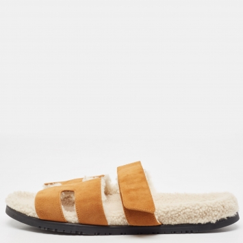 Pre Owned Hermes Tan Suede Fur Lined Chypre Slides Size 45 