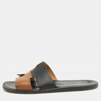 Pre Owned Hermes Black/Brown Leather Izmir Flat Slides Size 42