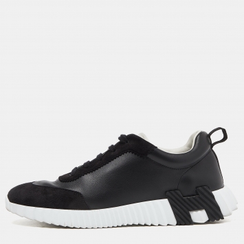 Pre Owned Hermes Black Leather and Suede Depart Sneakers Size 42.5