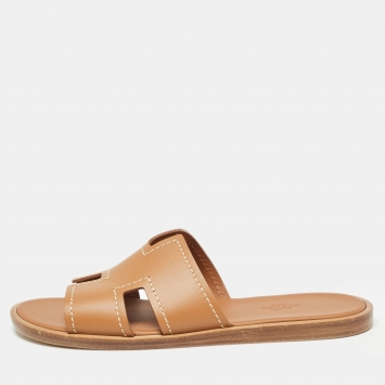 Pre Owned Hermes Brown Leather Izmir Slide Flats Size 41
