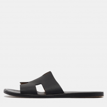 Pre Owned Hermes Black Leather Izmir Slides Size 43.5