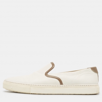 Pre Owned Hermes White/Brown Leather Kick Slip On Sneakers Size 42