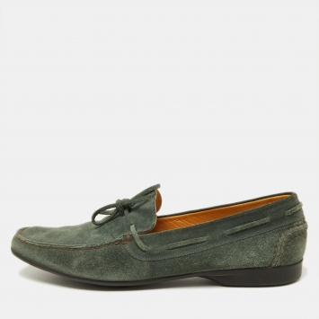 Pre Owned Hermes Green Suede Bow Accents Loafers Size 43.5