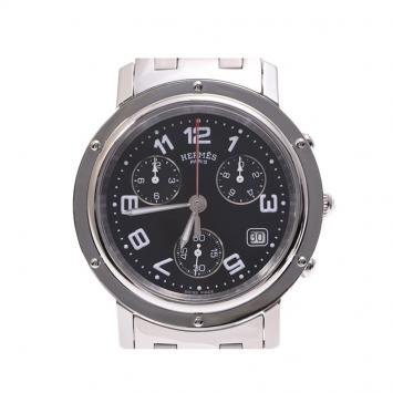 Pre Owned Hermes Black Stainless Steel Clipper Chrono CL1.910 Men's Wristwatch 38MM