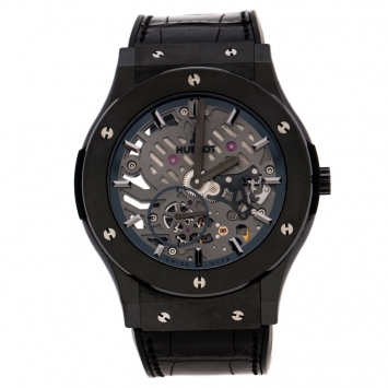 Pre Owned Hublot Skeleton Black Ceramic Rubber Leather Classic Fusion Ultra Thin 515.CM.0140.LR Men's Wristwatch 45 mm