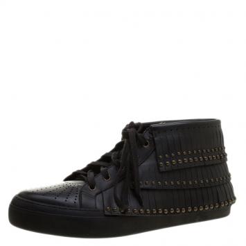 Pre Owned Jimmy Choo Black Leather Bastian Fringe High Top Sneakers Size 42