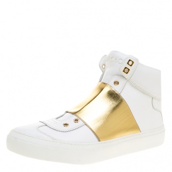 Pre Owned Jimmy Choo White Leather Archie Laceless High Top Sneakers Size 43.5