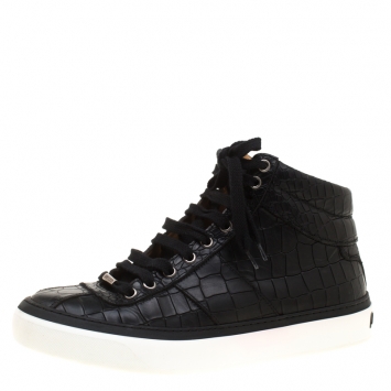 Pre Owned Jimmy Choo Black Croc Embossed Leather High Top Sneakers Size 40.5