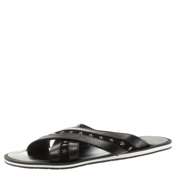 Pre Owned Jimmy Choo Black Leather And Suede Wally Star Embellished Cross Strap Slides Size 44.5