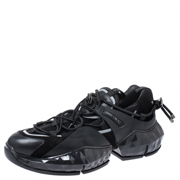 Pre Owned Jimmy Choo Black Leather, Mesh and Suede Diamond/M Lace Up Sneakers Size 43